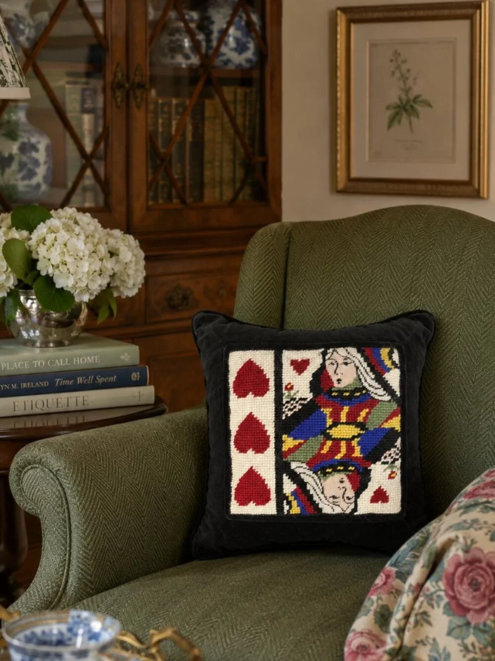 Vintage Queen of Hearts Needlepoint Throw Pillow Velvet Playing Card Accent